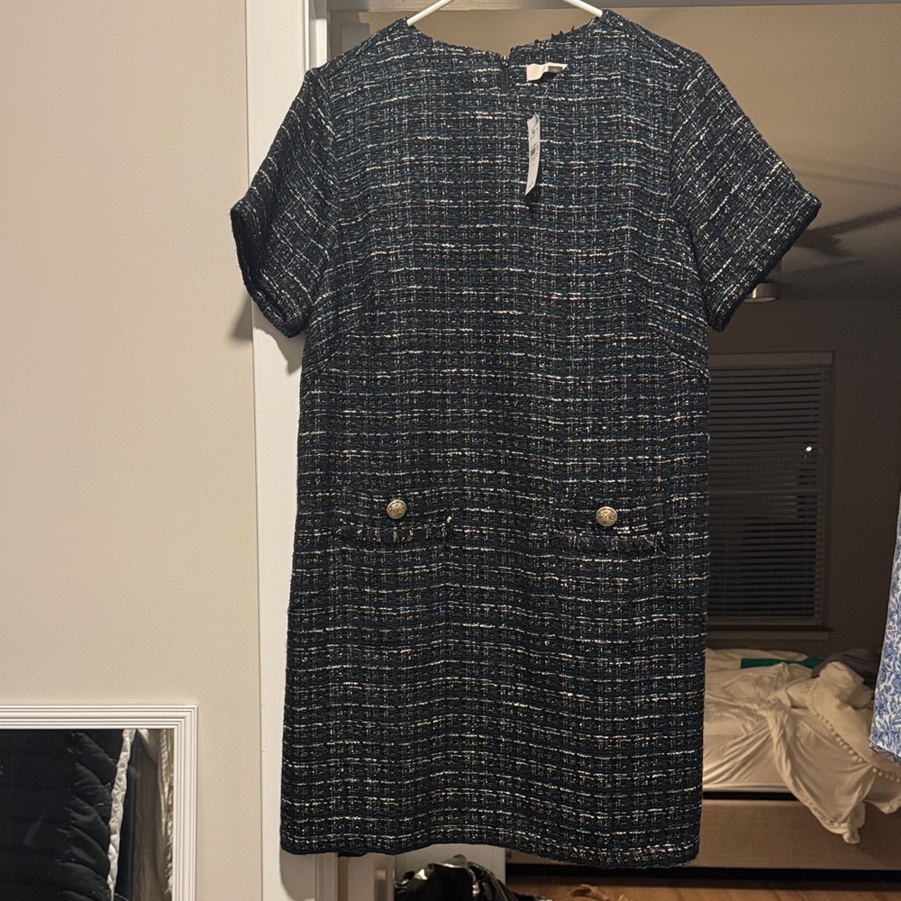 LOFT green and black Tweed Short-Sleeve Shift Dress